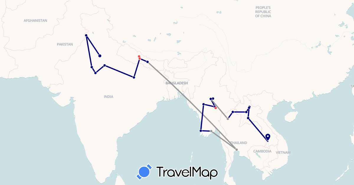 TravelMap itinerary: driving, plane, hiking in India, Laos, Myanmar (Burma), Nepal, Thailand (Asia)